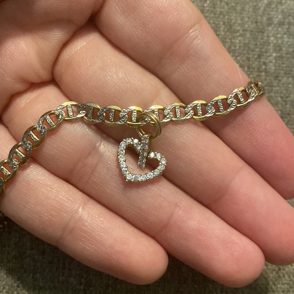 Charm bracelet two toned stamped 925 2/25 14k with heart charm 8” long - Picture 3 of 5